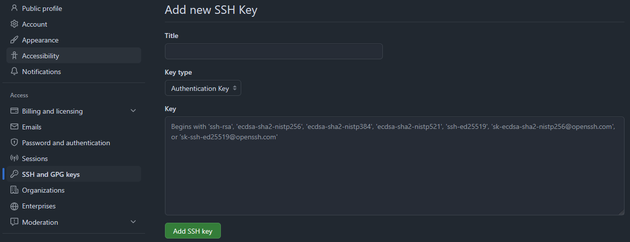 GitHub SSH Key Add Screenshot